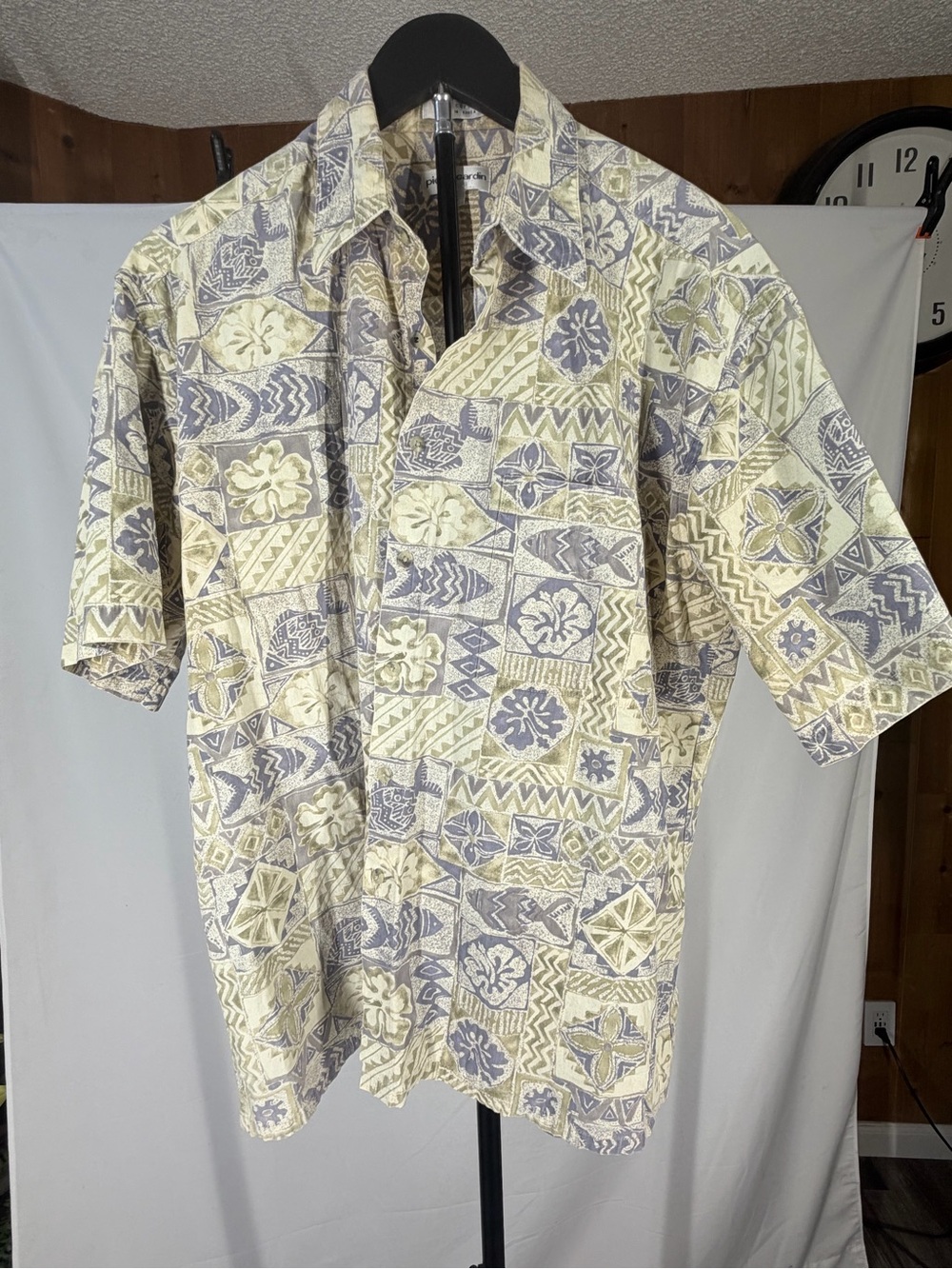 Pierre Cardin Short-Sleeve Button-Down Shirt in Light Yellow and Gray